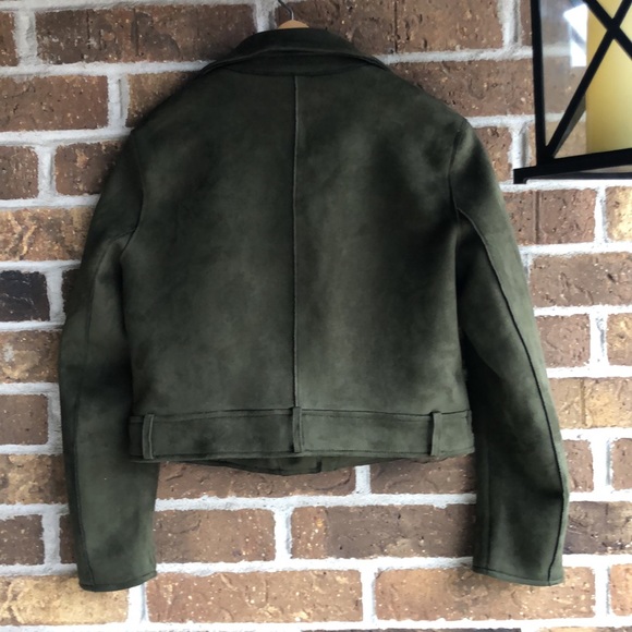 ZARA Basic Green Suede Effect Cropped Biker Jacket Authentic Designer Wear - Picture 7 of 9